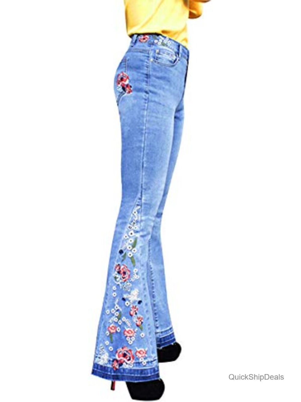 Embroidered High Waist Bell Bottom Jeans Stretchy Wide Leg Flare Denim